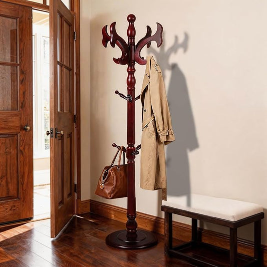 Wooden Coat Rack Freestanding with 14 Hooks, Adjustable Height Coat Tree Free Standing Heavy Duty for Entryway, Easy Assembly Solid Wood Sturdy Coat Hats Hanger Stand for Office Hallway Bedroom