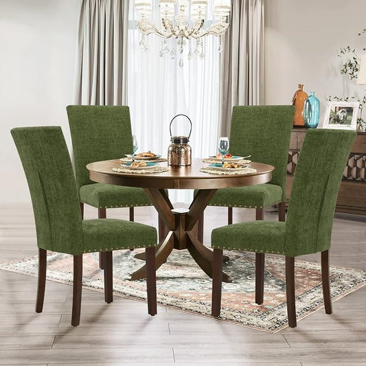 Parsons Dining Chairs Set of 4, Upholstered Nailhead Dining Room Kitchen Side Chair with Thick Cushions and Wood Legs, Green