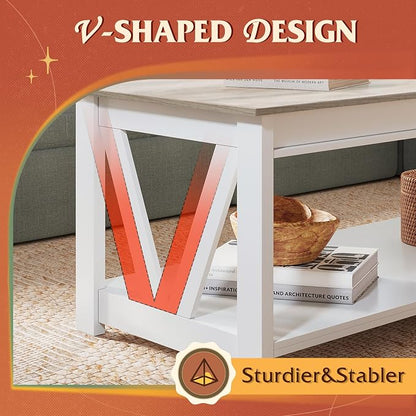 WLIVE Coffee Table, 43" Farmhouse Coffee Table with Storage Shelf & Sturdy V-Shaped Support, Wood Center Table for Living Room, Bedroom, Office and Balcony, White