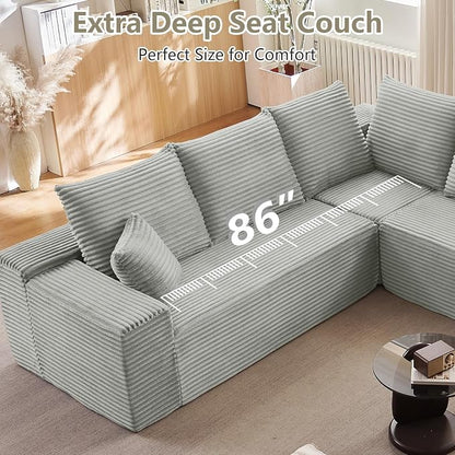 Sectional Cloud Couch for Living Room, Modern Modular Floor Deep-Seat Sofa, Upholstered L Shaped Sofas, Big Comfy Corduroy Couches Set for Living Room Bedroom, No Assembly Required, Grey