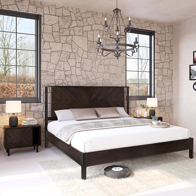 Bme Vivian 14 Inch Deluxe Bed Frame with Headboard, Rustic & Scandinavian Style with Solid Acacia Wood, No Box Spring Needed, 12 Strong Wood Slat Support, Easy Assembly, King, Rustic Black