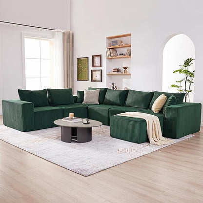 U-Shaped Boneless Couch, Cloud Couch Sectional, Modular Sofa with Deep Seat, Convertible Sectional Couches for Living Room, Plush Corduroy U Shaped Boneless Couch (Green, 6 Seater & 1 Ottoman)