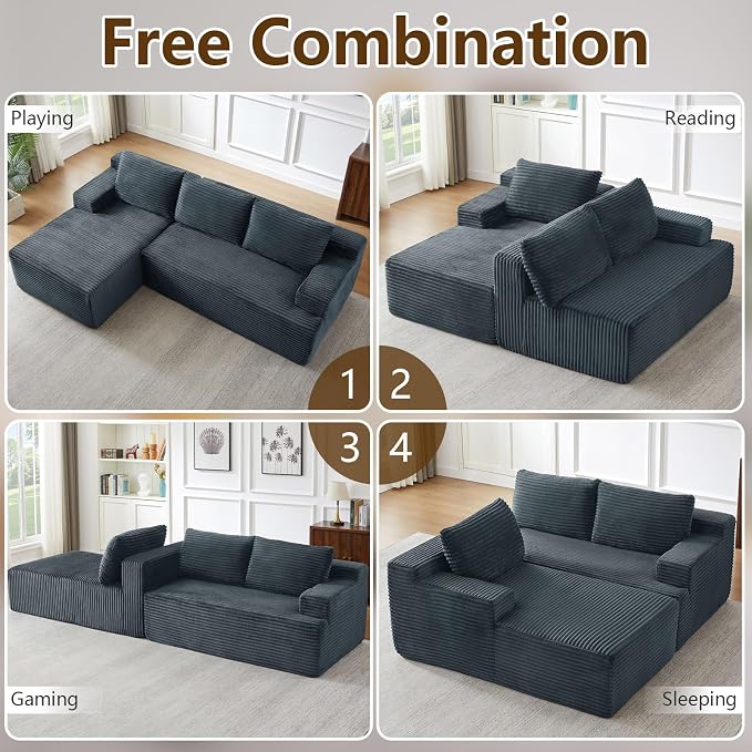 96.1" Modular Sectional Sofa Couches L-Shape Couch 3 Seat Modular Sofa Corduroy Memory Foam Sectional Boneless Couches for Living Room, Cloud Couch with Oversized Chaise(Dark Gray, Left Facing)