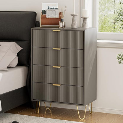 Masupu 4 Drawer Dresser, Drawer Chest, Tall Storage Dresser Chest Cabinet Organizer Unit with Gold Metal Legs, Nightstand for Bedroom, Living Room, Closet, Hallway Gray Stripe