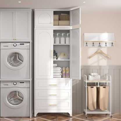 SteeLoong Kitchen Pantry Cabinet，90" Storage Cabinets with Doors and Shelves,Metal Pantry Cabinet with 3 Drawers,White Kitchen Cupboard for Livingroom,Pantry, Bathroom