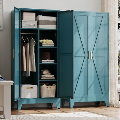 Baborokic 71" Armoire Wardrobe Closet with Hanging Rod,Metal Wardrobe Cabinet with Adjustable Shelves and Doors,Farmhouse Office Cabinets for Bedroom,Office,Laundry,Employee(Blue)