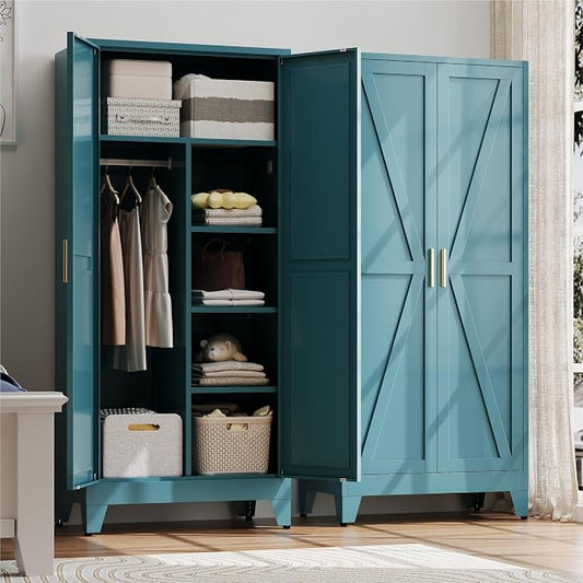 Baborokic 71" Armoire Wardrobe Closet with Hanging Rod,Metal Wardrobe Cabinet with Adjustable Shelves and Doors,Farmhouse Office Cabinets for Bedroom,Office,Laundry,Employee(Blue)