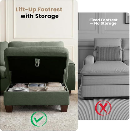 DOPEDIO L-Shaped Sectional Sofa with Storage Ottoman, Modern Chenille Recliner Loveseat, Removable Couch Covers, Pocket Spring Cushions, Solid Wood Frame, Easy to Install (71.25inch, Green)