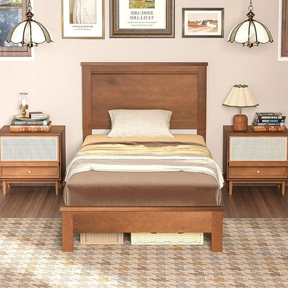 Giantex Wood Twin Bed Frames with Headboard, Mid Century Platform Bed Frame with Solid Wood Legs & Wooden Slat Support, Twin Bed Frames for Kids Adults, Walnut Bed