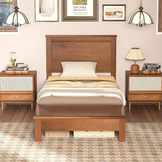 Giantex Wood Twin Bed Frames with Headboard, Mid Century Platform Bed Frame with Solid Wood Legs & Wooden Slat Support, Twin Bed Frames for Kids Adults, Walnut Bed