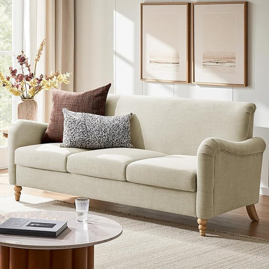 HULALA HOME Farmhouse Curved Couch with Solid Wood Spindle Legs, 3 Seater Sofa with Rolled Wide Armrests, Comfy Upholstered Sofa for Living Room Bedroom, Linen