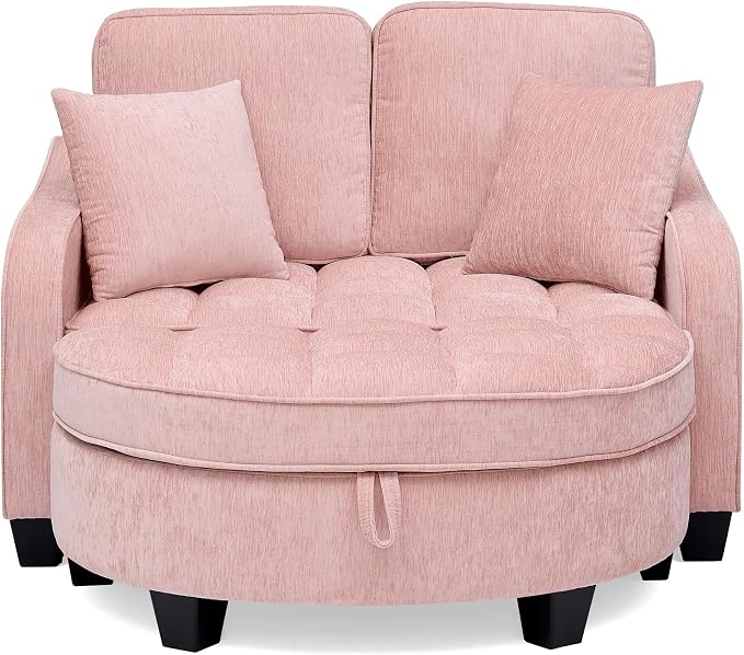 ERYE Chenille Tufted Loveseat Sofa and Ottoman Set, Tufted Recliner Sleeper Chaise Lounge with Curved Storage Ottoman,Reclining Backrest and Side Pockets, 4 Pillows