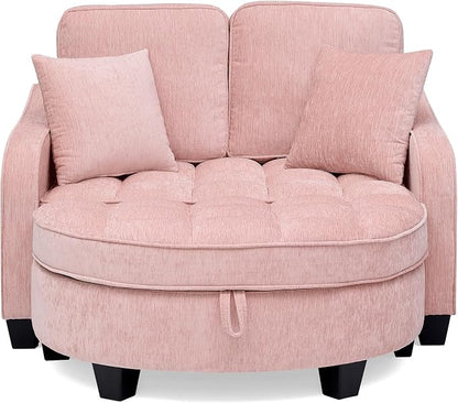 ERYE Chenille Tufted Loveseat Sofa and Ottoman Set, Tufted Recliner Sleeper Chaise Lounge with Curved Storage Ottoman,Reclining Backrest and Side Pockets, 4 Pillows