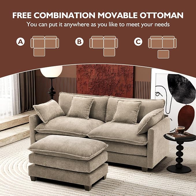 Ihanherry 77" L Shaped Modern Sofa Modular Sectional Luxurious and Comfortable with Ottoman, 3-Seat Chenille Deep Seat Sofa with Pillow for Living Room, Bedroom and Apartment,Sand