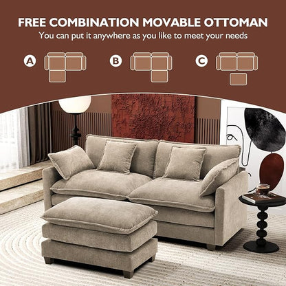 Ihanherry 77" L Shaped Modern Sofa Modular Sectional Luxurious and Comfortable with Ottoman, 3-Seat Chenille Deep Seat Sofa with Pillow for Living Room, Bedroom and Apartment,Sand