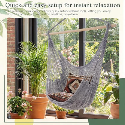 Barydat 2 Pcs Hanging Hammock Chair Boho Swing Chair Outdoor Indoor Comfy Soft Cotton Rope Weaving with 40 Inch Detachable Metal Bars for Backyard Living Room Garden, 270lb Capacity (Light Gray)