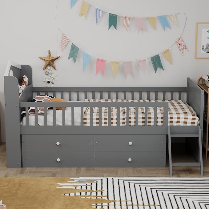 Bellemave Kids Twin Platform Bed with 4 Drawers & Storage Headboard, Wooden Twin Bed Frame with Safety Guardrails & Ladder for Kids Girls Boys, Gray