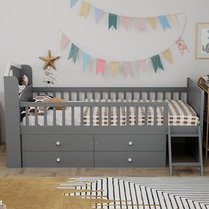 Bellemave Kids Twin Platform Bed with 4 Drawers & Storage Headboard, Wooden Twin Bed Frame with Safety Guardrails & Ladder for Kids Girls Boys, Gray