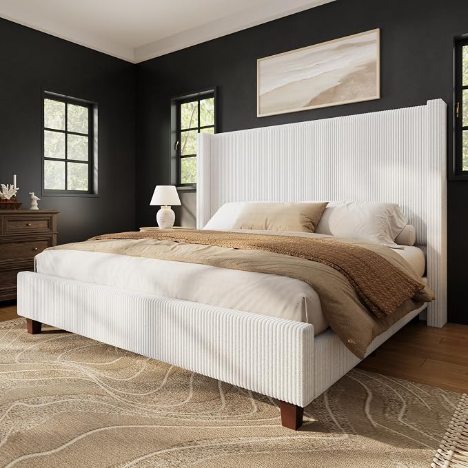 HOWE California King Size Bed Frame with Corduroy Wingback Headboard, White | Modern Upholstered Platform Bed, 50.8 Inch Tall Profile, Solid Wood Slats, No Box Spring Needed, Noise-Reducing Designrt