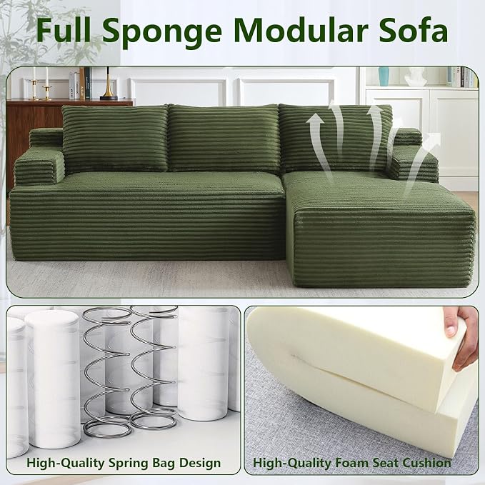 96" Modular Sectional Sofa, Modern Corduroy Cloud Couch, Boneless Couch Upholstered 3-Seater L-Shaped Sofa for Living Room, No Assembly Required (Green, Right-Facing Chaise)