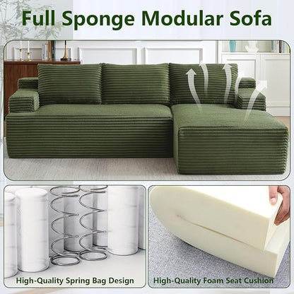 96" Modular Sectional Sofa, Modern Corduroy Cloud Couch, Boneless Couch Upholstered 3-Seater L-Shaped Sofa for Living Room, No Assembly Required (Green, Right-Facing Chaise)