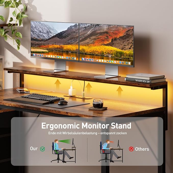 HLDIRECT 60 inch Gaming Desk with 3 Fabric Drawers & Side Hooks-Reversible Home Office Computer Desk with Power Outlets & Led Lights, Gamer Desk Table with Monitor Stand, Rustic Brown