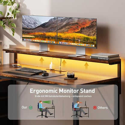 HLDIRECT 60 inch Gaming Desk with 3 Fabric Drawers & Side Hooks-Reversible Home Office Computer Desk with Power Outlets & Led Lights, Gamer Desk Table with Monitor Stand, Rustic Brown