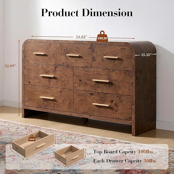 Curved 7 Drawer Dresser for Bedroom, 53.82'' Wide Chest of Drawers, Modern Storage Cabinet for Hallway & Living Room TV Stand, FSC Certified 1.18" Thick Board, 100 lbs Top Weight, Dark Burl