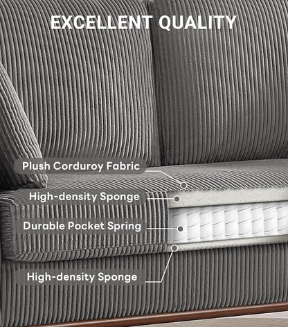Kingfun 65" Corduroy Love Seat with Spring Cusions, Mid Century Modern Loveseat Sofa for Livingroom & Bedroom, Comfy Upholstered Small Couch, Gray