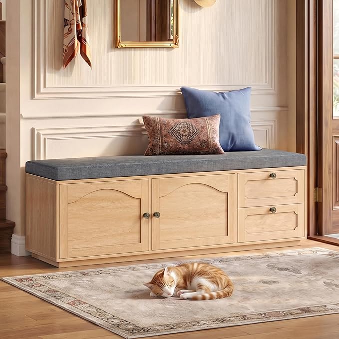 59" Storage Bench with Drawer, 2-Tier Shoe Bench with Doors, Long Entryway Bench, Thickened Cushion, Adjustable Shelf, Recessed Design for Entryway, Bedroom, Living Room, Natural