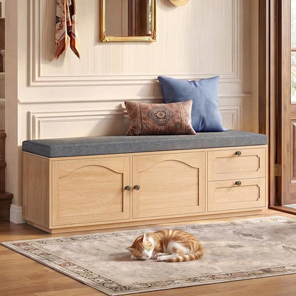 59" Storage Bench with Drawer, 2-Tier Shoe Bench with Doors, Long Entryway Bench, Thickened Cushion, Adjustable Shelf, Recessed Design for Entryway, Bedroom, Living Room, Natural