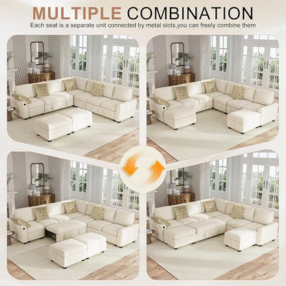 Hanherry 106" Sectional Sofa with Pull Out Couch Bed,7 Seat Corduroy Sleeper Sofa with 2 Seat Storage & USB Charging,Storage Ottoman,Comfy Modular Couches for Living Room,Apartment
