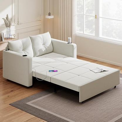 Krcix 3 in 1 Pull Out Couch, 56 Inch Velvet Sofa Bed, Convertible Sleeper Sofa for Living Room, Small Space, Upholstered Loveseat Couch Bed with USB, Cup Holder, Beige