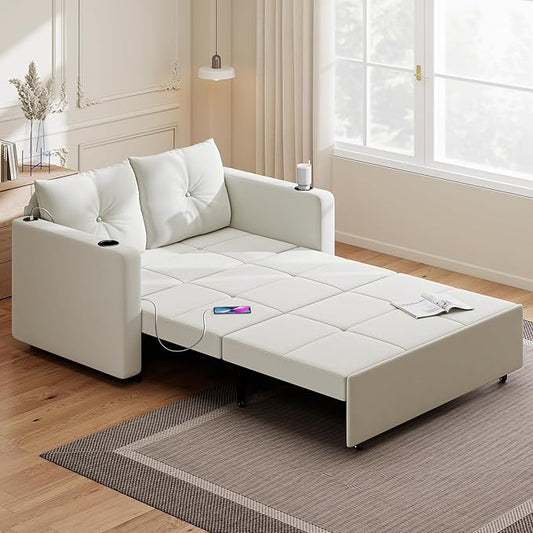 Krcix 3 in 1 Pull Out Couch, 56 Inch Velvet Sofa Bed, Convertible Sleeper Sofa for Living Room, Small Space, Upholstered Loveseat Couch Bed with USB, Cup Holder, Beige