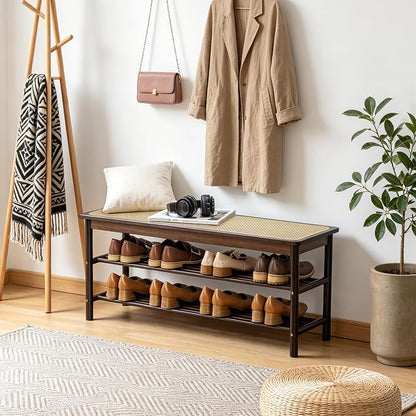 SOBIBO Bamboo Shoe Rack Bench with Rattan Seat, 3-Tier Shoe Storage Bench, Entryway Bench for Hallway,Walnut 39.4 inches