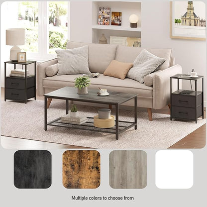 TUTOTAK LED End Table with Charging Station, Nightstand with Cloth Drawer, Side Table with 1 USB Port and 1 Type-C Port, Set of 2, Couch Table, Charcoal Grey TB01BY052L