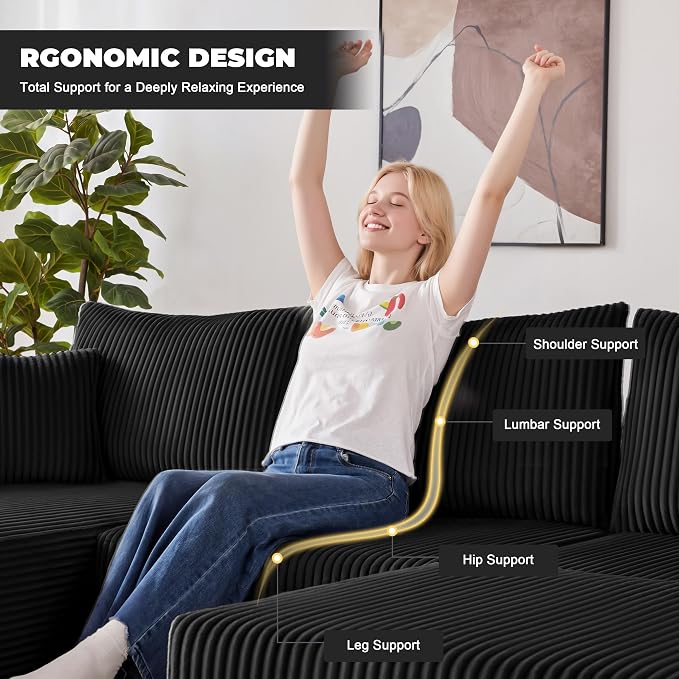 Weture 108” Modular Sectional Couches, Modern Modular U-Shape Sofa with Chaise, Cloud Sectional Couch with Deep Seat, Upholstered Boneless Sofa for Living Room (Corduroy, Black)