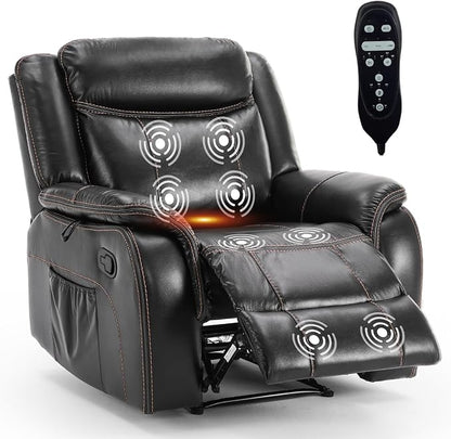 Massage Recliner Chair with Heat, Faux Leather Recliner Chairs for Adults, 39" Wide Manual Reclining Ergonomic Lounge Chair, Overstuffed Wall Hugger Recliners for Living Room, Black