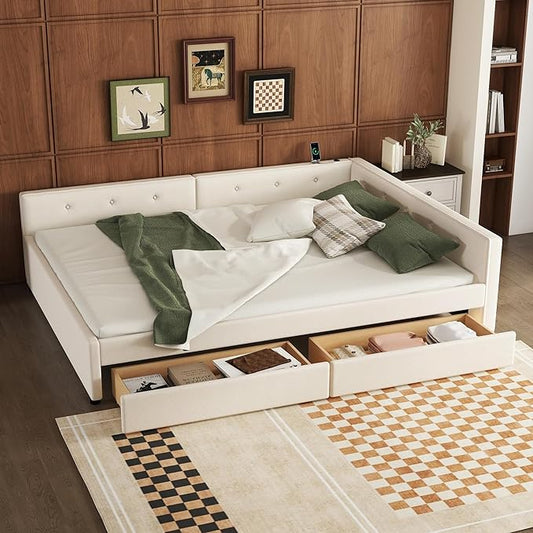 Ball & Cast Queen Size Daybed with Storage Drawers,Linen Upholstered Bed Frame with Button Tufted Backrest and Armrests,L Shaped Day Bed with USB Port,Solid Wood Slats Support,Beige
