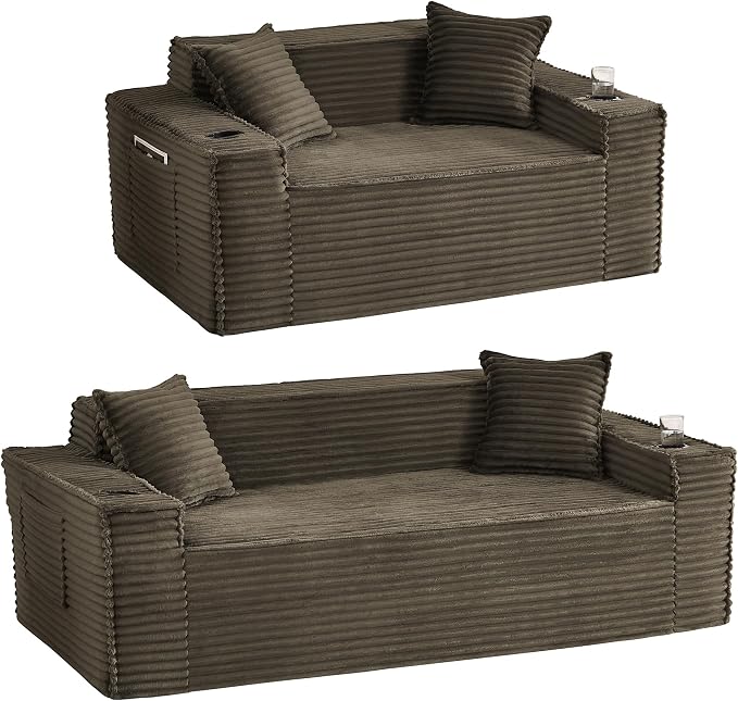 2 Pcs Living Room Cloud Sofa Set,Boneless Sofa Couch with Cup Holder and Side Pocket for Compact Living Rooms, Apartments (Brown, Loveseat 3 Seat Sofa)