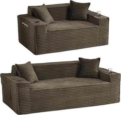 2 Pcs Living Room Cloud Sofa Set,Boneless Sofa Couch with Cup Holder and Side Pocket for Compact Living Rooms, Apartments (Brown, Loveseat 3 Seat Sofa)