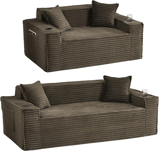 2 Pcs Living Room Cloud Sofa Set,Boneless Sofa Couch with Cup Holder and Side Pocket for Compact Living Rooms, Apartments (Brown, Loveseat 3 Seat Sofa)