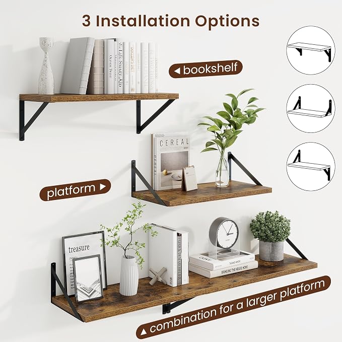 Axeman Deep Floating Shelves | 20 Inch Brown Wall Shelves Set of 2 | 10 Inch Deep Rustic Wood Shelves for Wall | 20'' W x 10''D Brown Shelves for Living Room Bathroom Kitchen