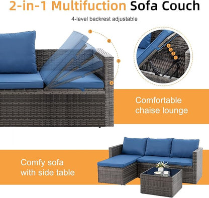 Shintenchi 4 Pieces Patio Furniture Set, 2-in-1 Convertible Sectional Sofa & Chaise Lounge, All-Weather Wicker Rattan Sofa Couch with Cushions & Coffee Table for Yard, Garden, Porch, Poolside