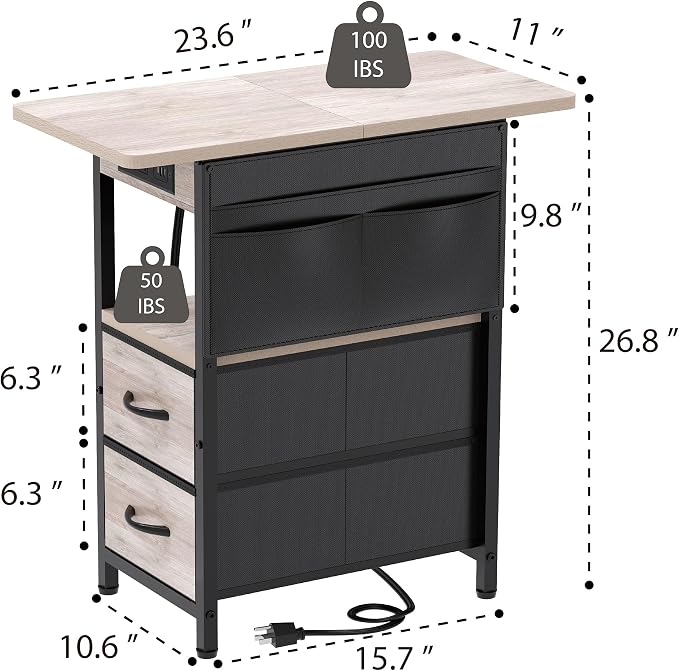 Yenlure Small Side Table with Charging Station, Narrow Nightstand Bedside Tables with Storage Pocket for Living Room Bedroom, Sofa End Table with USB Ports and Power Outlets for Small Spaces, Greige