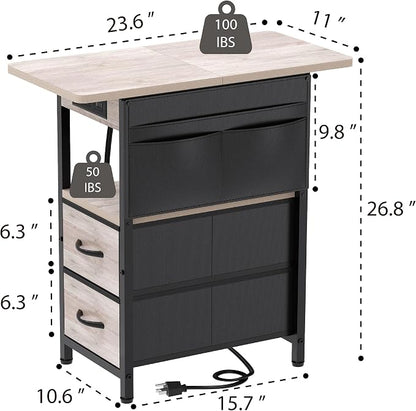 Yenlure Small Side Table with Charging Station, Narrow Nightstand Bedside Tables with Storage Pocket for Living Room Bedroom, Sofa End Table with USB Ports and Power Outlets for Small Spaces, Greige
