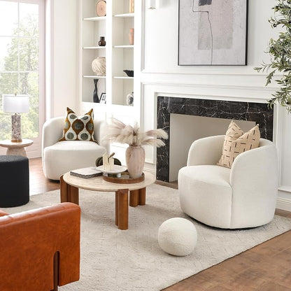 KINWELL 34" Wide Sherpa Swivel Barrel Chairs Set of 2, No Assembly Round Boucle Upholstered Accent Chairs Armchairs Single Sofa Chair with Toss Pillow for Living Room and Bedroom, Beige