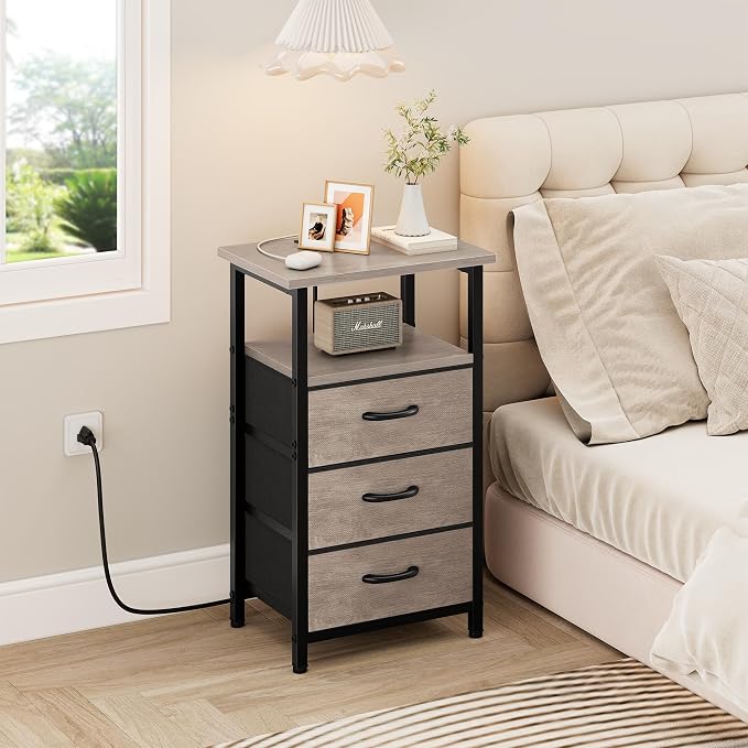 Vagusicc Nightstand Set of 2 with Charging Station, Bedside Table with USB Ports and Outlet, End Table Side Table with 3 Fabric Drawer and Storage Shelf, Bed Side Table Night Stand for Bedroom, Greige