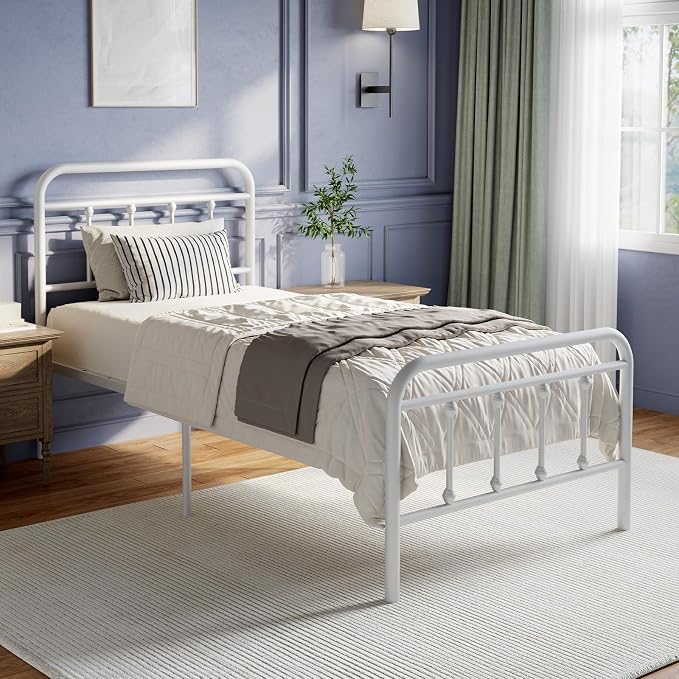 Novilla Metal Bed Frame Twin Size - Modern Minimalist Victorian Style with Headboard/Footboard, Heavy-Duty Steel Slats/Underbed Storage/No Box Spring Needed/Easy Assembly/Noise Free/White