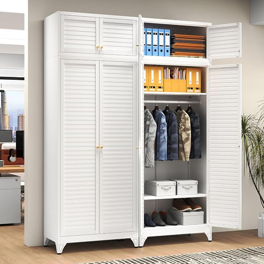 Polup Metal Armoire Wardrobe Closet, 86" Tall Wardrobe Armoire with Hanging Rod, Almirah for Clothes with Doors, 18" D x 32" W x 86" H, White, Assemble Required, Shipped in Two Packages